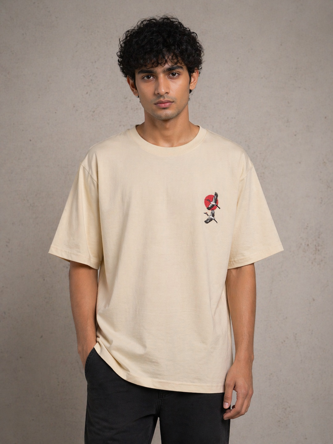 Rising Wings Embroidered Cotton T-Shirt – Sand Beige